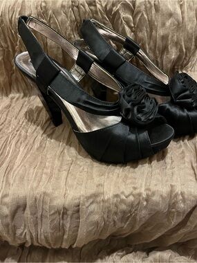 Mix No. 6 Black Satin Peep-Toe Slingback Heels with Rosette
